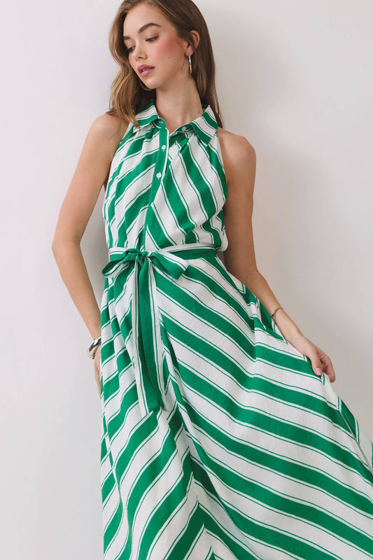Striped Sleeveless Collared Midi Shirt Dress | Green