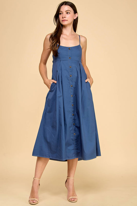 Front Button Down back bow Adjustable Straps Midi Dress | Slate Blue