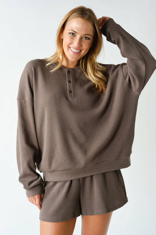 Waffle-Knit Henley Pullover | Truffle