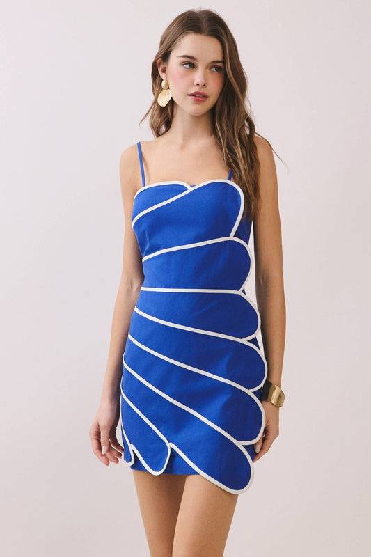 Bold Contrast Piping Detail Back Smoked Dress | ROYAL BLUE