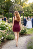 Stitch Detail Corset Mini Dress with Embroidered Scallop Hem: BURGUNDY / L