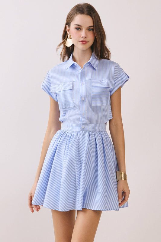 Striped Shirt Style Side to Back Cutout Mini Dress | Light Blue