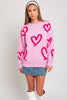 Long Sleeve Round Neck Heart Printed Sweater | Pink & Fuchsia