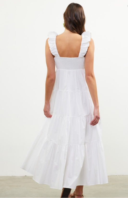 Poplin V-Neck Shirred Maxi Dress | White