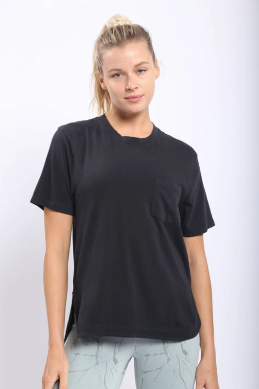 Casual Black tee by Mono B with front pocket and unique back detail.