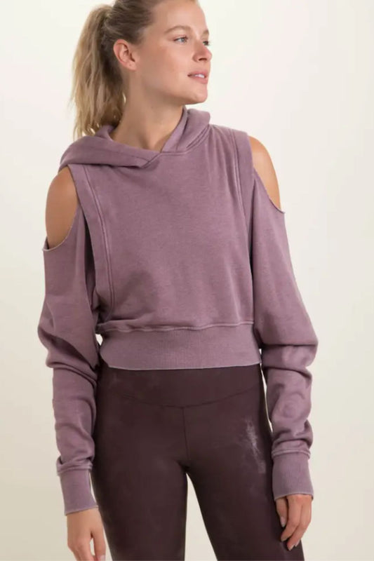 Stylish Mauve cropped hoodie by Mono B with cold-shoulder cut-outs.