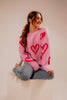 Long Sleeve Round Neck Heart Printed Sweater | Pink & Fuchsia