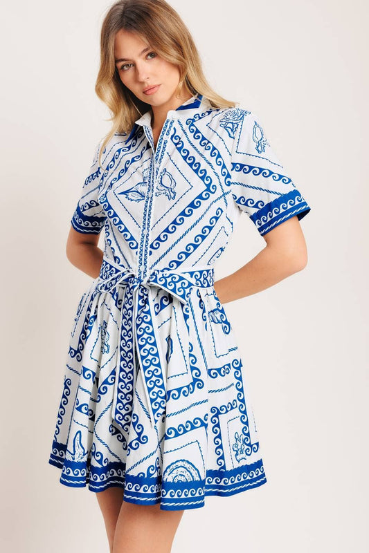 Printed Mini Dress | White & Blue