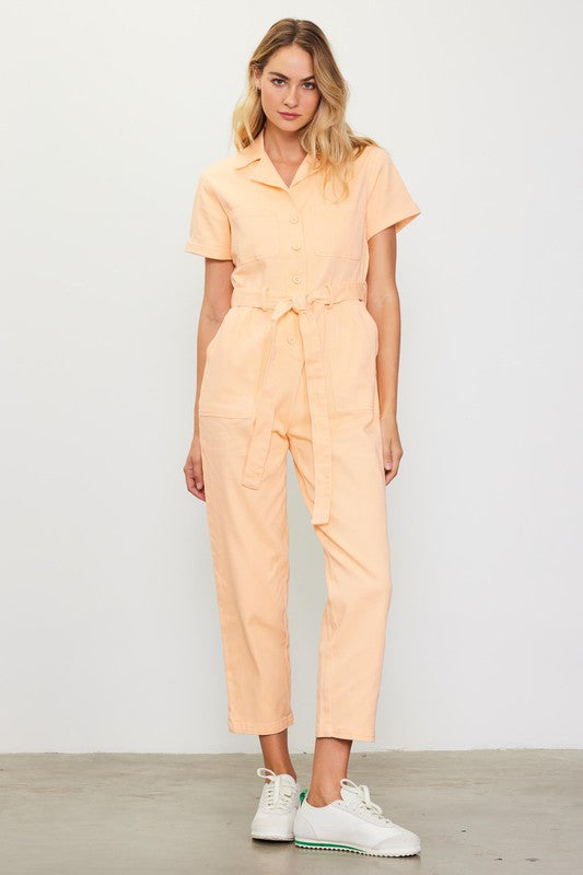 Short Sleeve Washed Utility Jumpsuit | Apricot