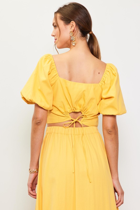 Puff Sleeves Top & Skirt Set with Cinched Back| Sunflower