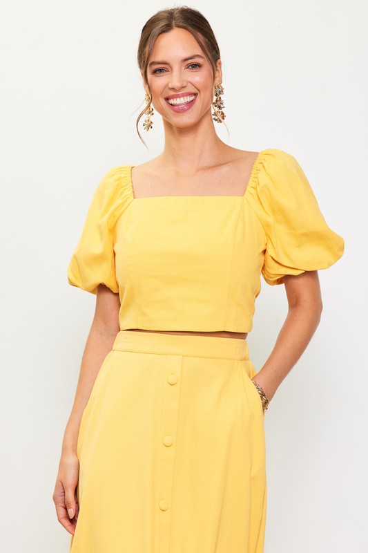 Puff Sleeves Top & Skirt Set with Cinched Back| Sunflower