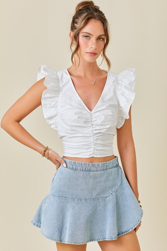 Wrap Front Denim Mini Skort with Ruffles |  Washed Denim