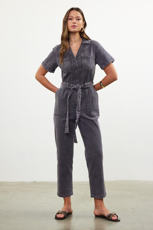 Short Sleeve Washed Utility Jumpsuit | Grey