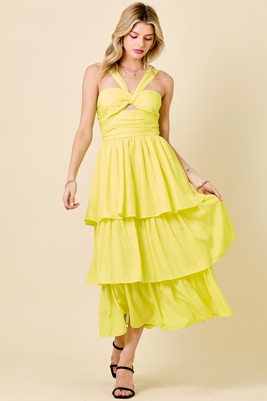 Halter Loop Tiered Midi Dress with Shirring Detail | Yellow