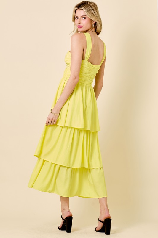 Halter Loop Tiered Midi Dress with Shirring Detail | Yellow