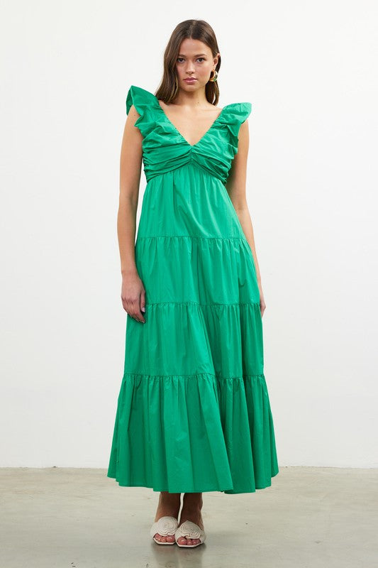 Poplin V-Neck Shirred Maxi Dress | Green