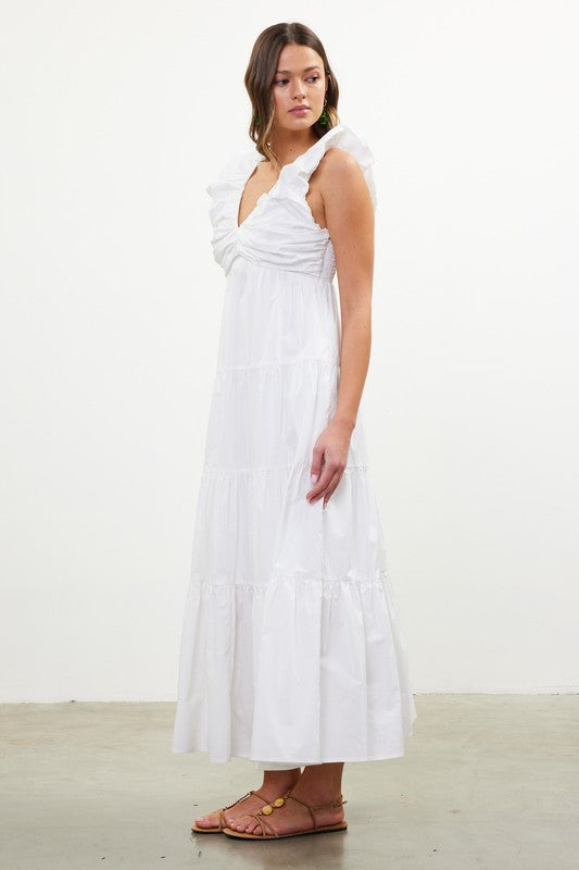 Poplin V-Neck Shirred Maxi Dress | White