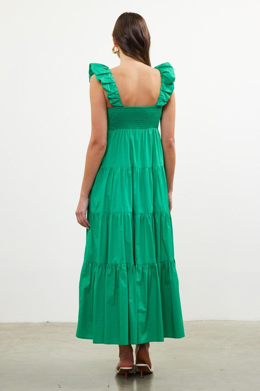 Poplin V-Neck Shirred Maxi Dress | Green