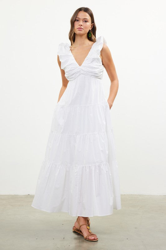 Poplin V-Neck Shirred Maxi Dress | White