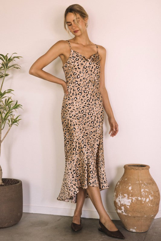 Sleeveless Leopard Satin Dress