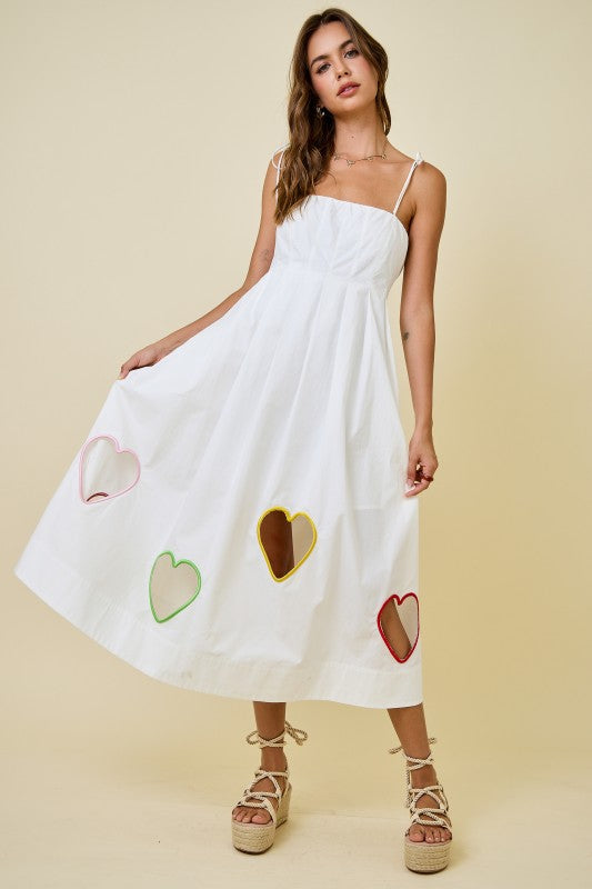 Valentines Embroidered Hearts Cut Out Midi Dress | White