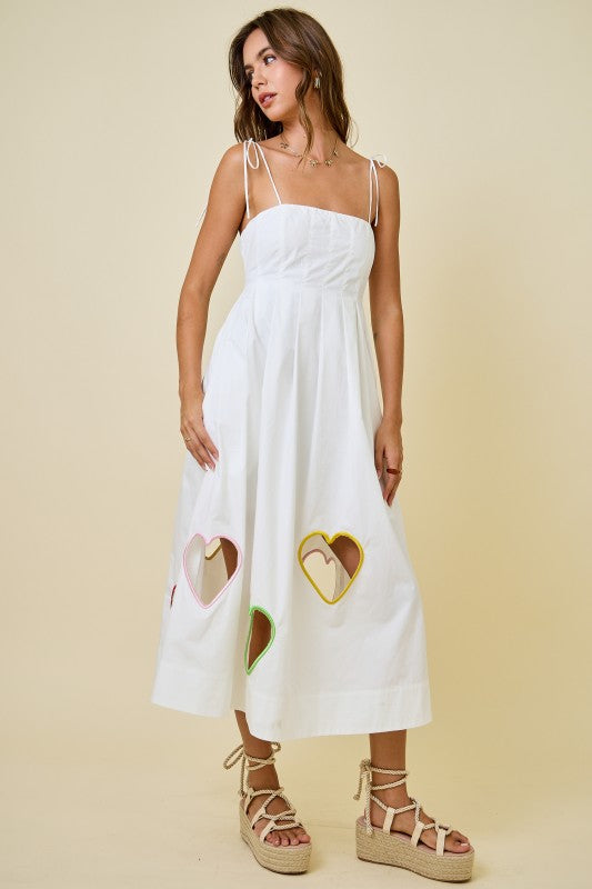Valentines Embroidered Hearts Cut Out Midi Dress | White