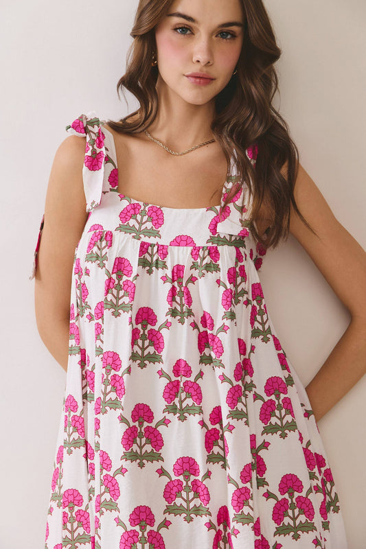 Floral Print Back Smocked Tie Strap Midi Dress | Cream