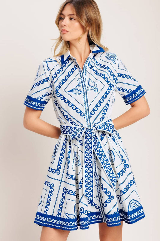 Printed Mini Dress | White & Blue