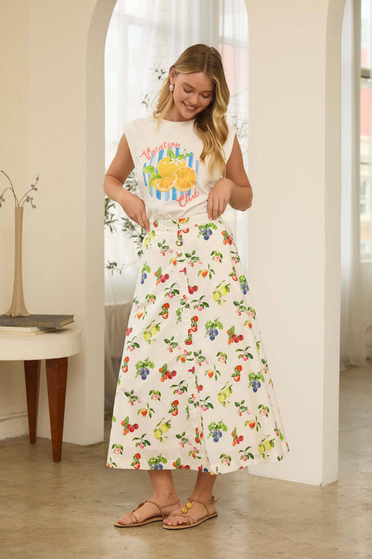 Fruit Print Button-Front Skirt | White Multi