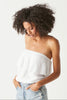 Close-up of the raw edge details and ruffle on the Fleur Strapless Top at Collected by Sarah Sullivan