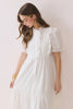 Ruffled Short Sleeve Tiered Button Down Mid Dress | White