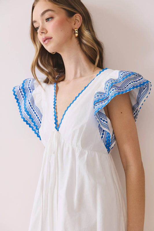 Contrast Embroidered Flutter Sleeve Babydoll Dress | White
