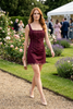 Stitch Detail Corset Mini Dress with Embroidered Scallop Hem: BURGUNDY / L