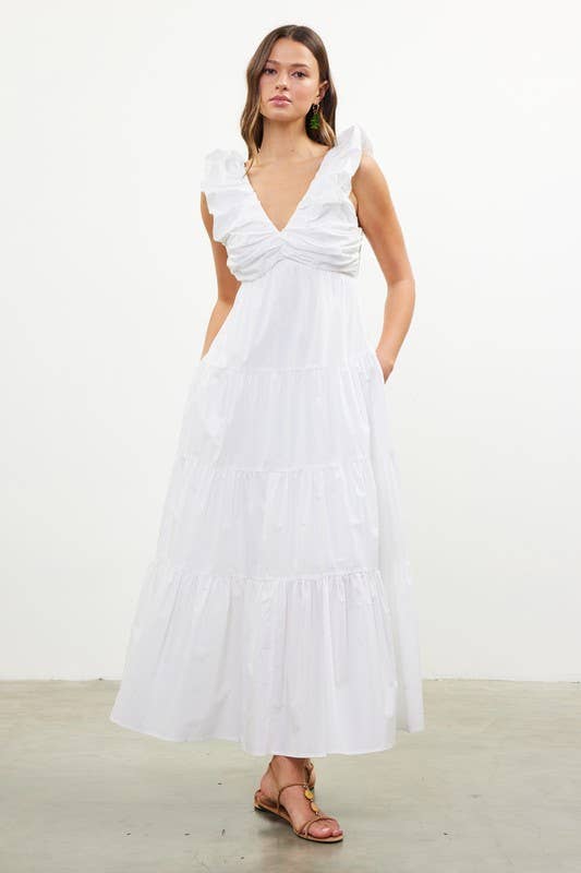 Poplin V Neck Shirred Maxi Dress | White
