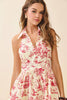 Toile Abstract Print Deep Split Neck Halter Midi Dress: Burgundy