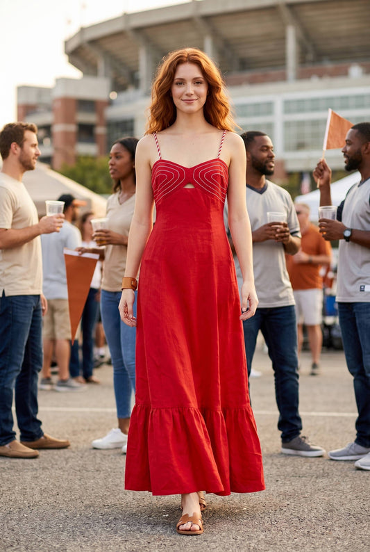 Corset Inspired Maxi Dress with Braided Shoulder Strap | Red