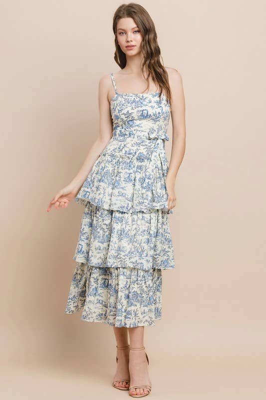 Printed Tiered Midi Dress: CREAM & BLUE Toile