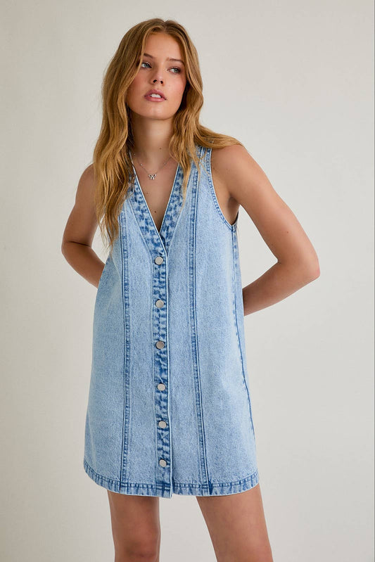 Sleeveless V-Neck Button Down Denim Mini Dress | Denim