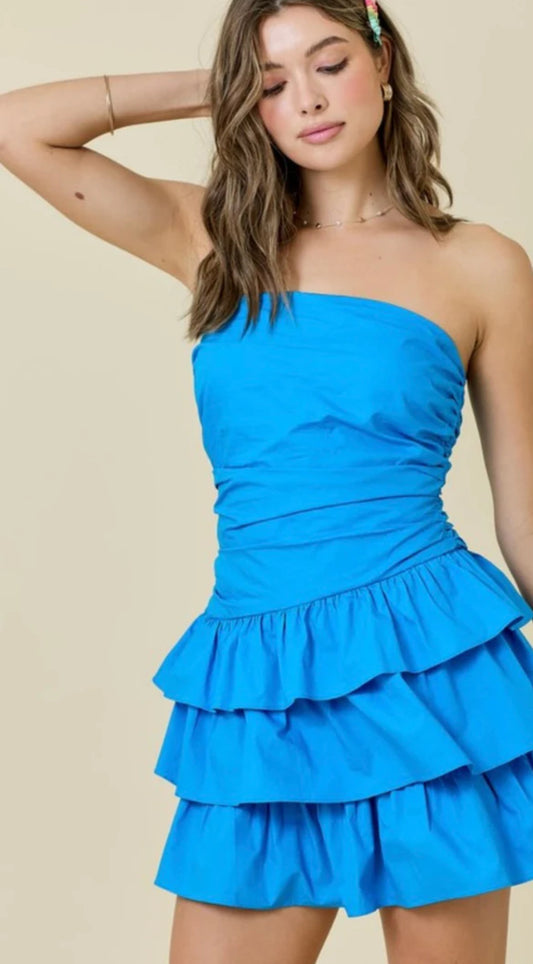 Tiered ruffle rouched mini romper dress | Azure