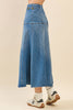 High Waisted Paneled A Line Denim Midi Skirt | Denim Blue