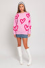 Long Sleeve Round Neck Heart Printed Sweater | Pink & Fuchsia