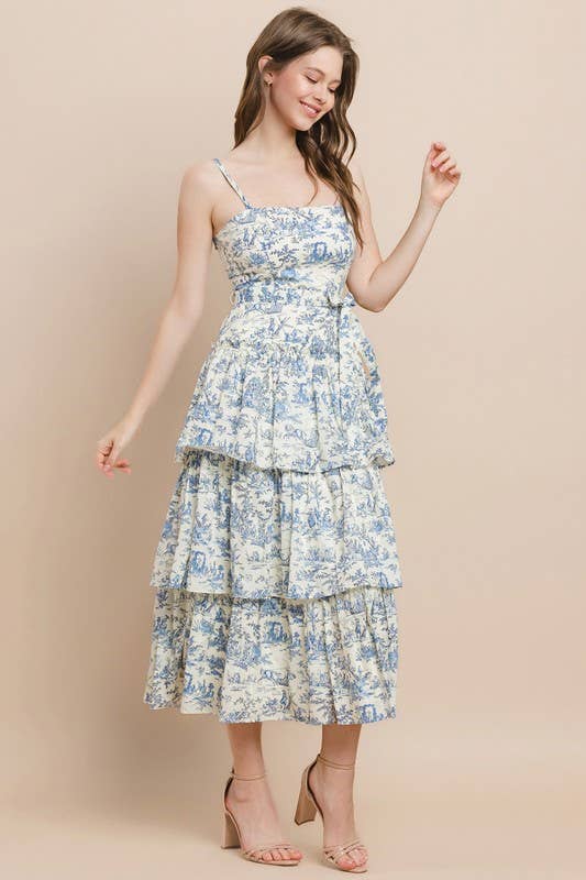 Printed Tiered Midi Dress: CREAM & BLUE Toile