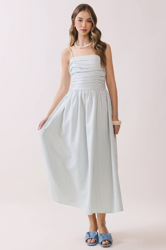 Striped Smocked Bodice Flowy Midi Dress | Light Blue