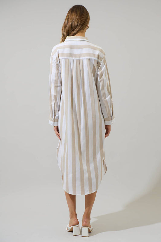 Jordy Striped Shirt Midi Dress | Tan & White
