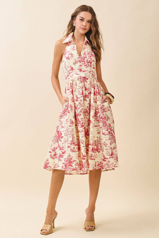 Toile Abstract Print Deep Split Neck Halter Midi Dress: Burgundy