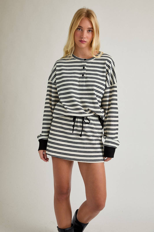 Round Neck Stripe Pullover with Mid Rise Mini Skort (Set) | Cream-Black Stripe