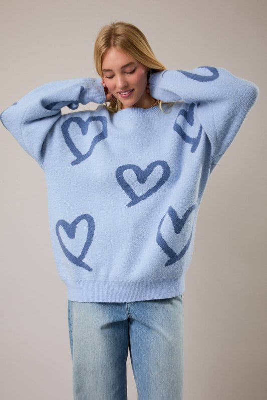 Long Sleeve Round Neck Heart Printed Sweater | Pink & Fuchsia