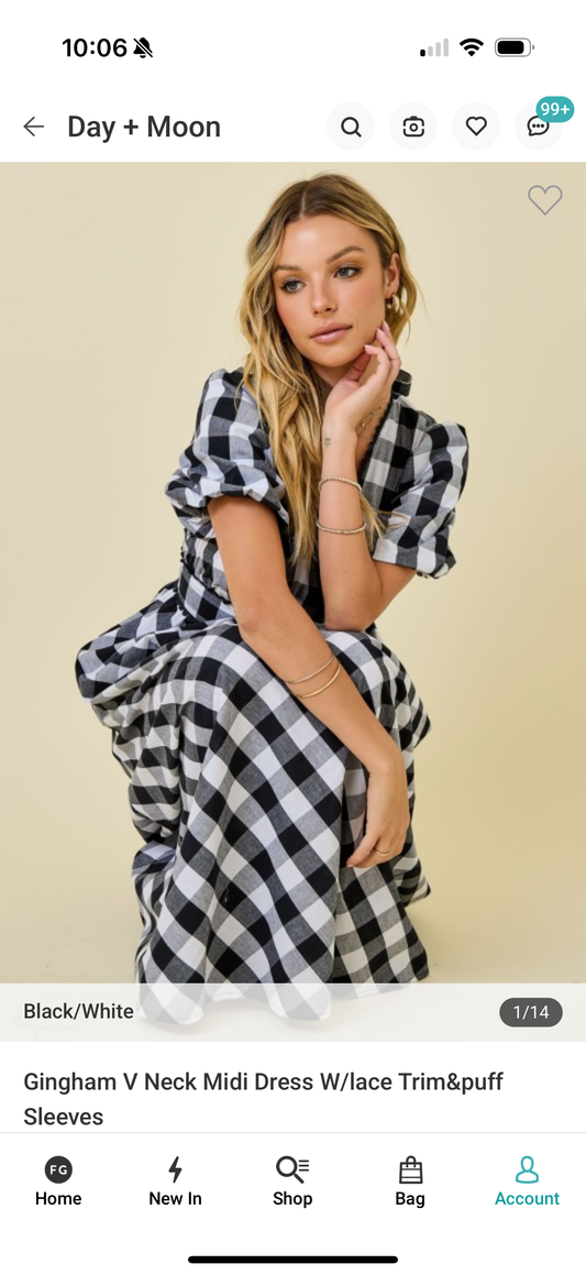 Gingham V Neck midi dress with Puff sleeves | black and white