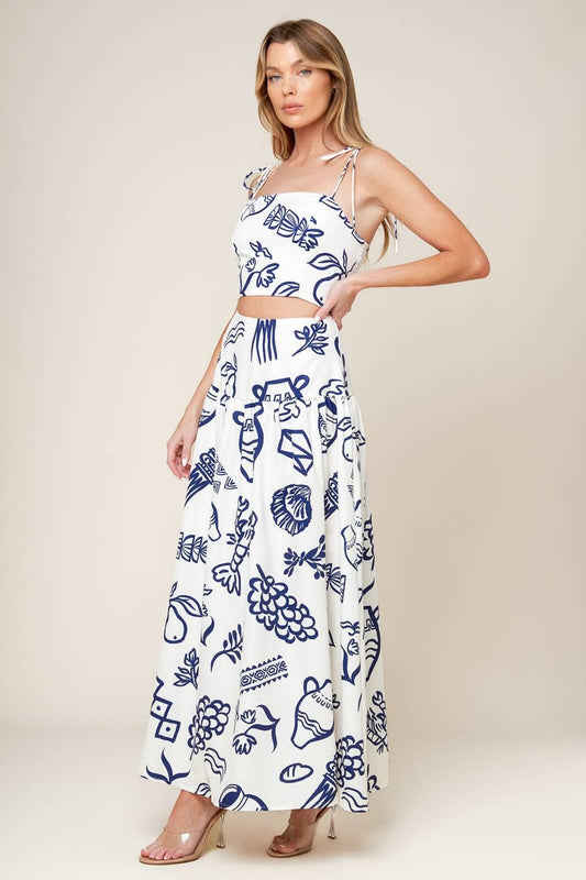 Printed Woven Top and Skirt Set | Ivory & Navy