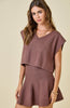 Sleeveless V Neck sweater top & flared mini skirt | brown